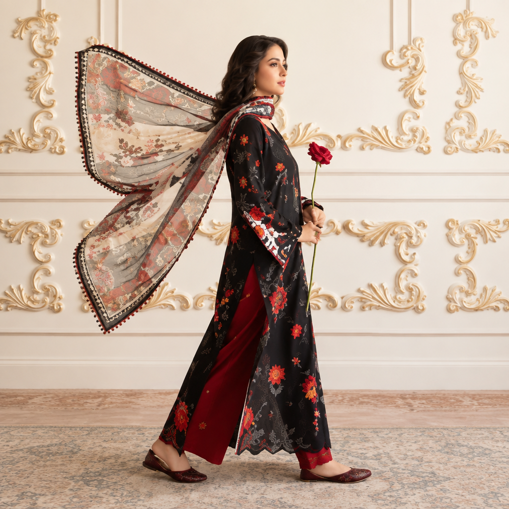 Reet Clothing 3 Piece Embroidered Stitched Suit - Zehra Noir