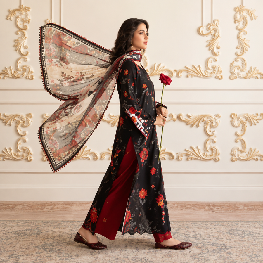 Reet Clothing 3 Piece Embroidered Stitched Suit - Zehra Noir