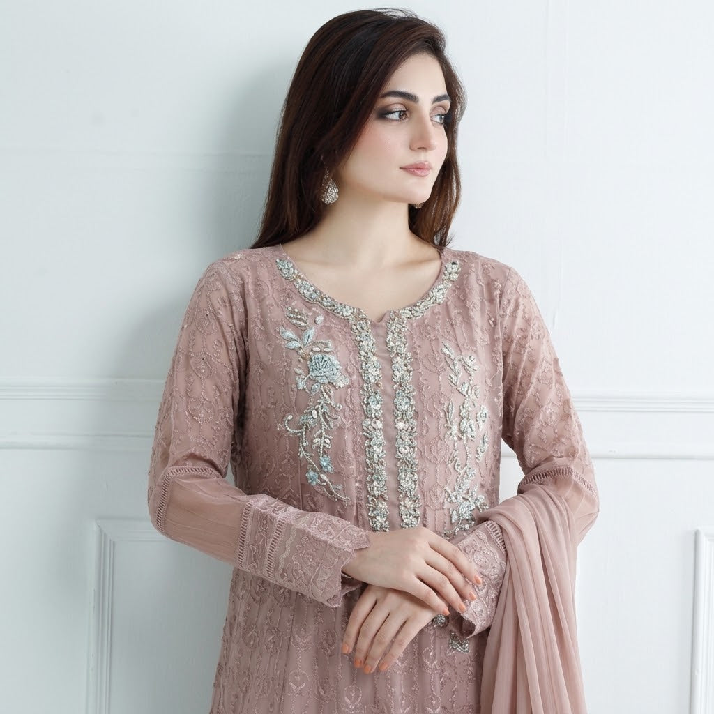 Manahil’s 3-Piece Stitched Luxury Wear Suit – Dusty Rose Elegance