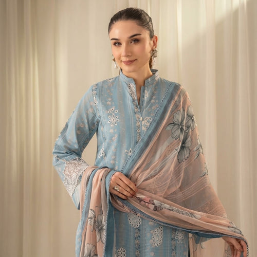 3-Piece Stitched Embroidered Suit – Blue