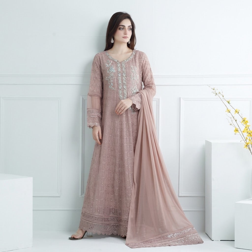 Manahil’s 3-Piece Stitched Luxury Wear Suit – Dusty Rose Elegance