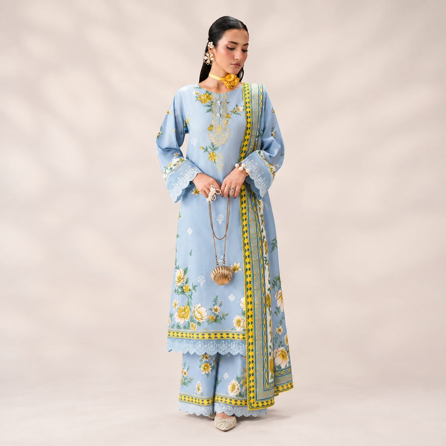 Divinely Crafted 3-Piece Stitched Amelie Powder Blue Floral Suit