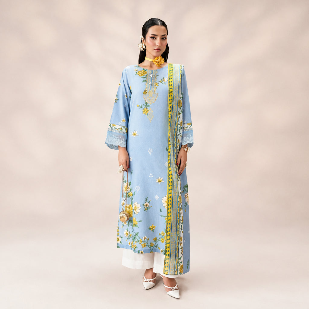 Divinely Crafted 3-Piece Stitched Amelie Powder Blue Floral Suit