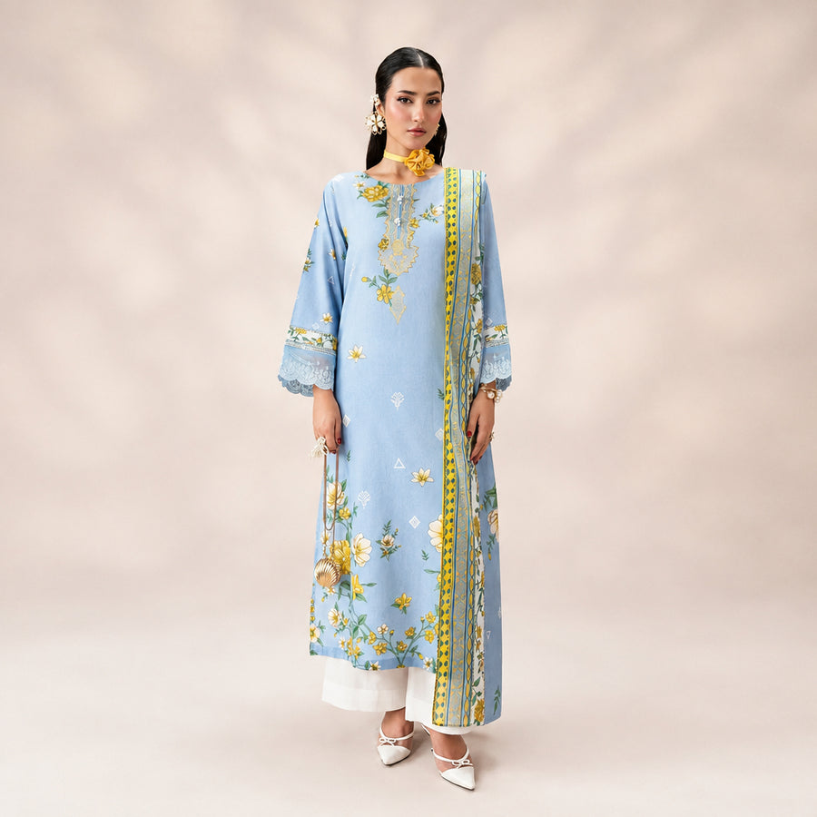 Divinely Crafted 3-Piece Stitched Amelie Powder Blue Floral Suit