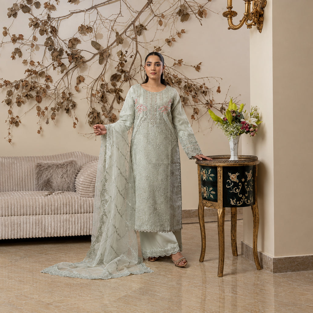 Manahil’s 3-Piece Stitched Luxury Wear Suit – Aqualis Grace