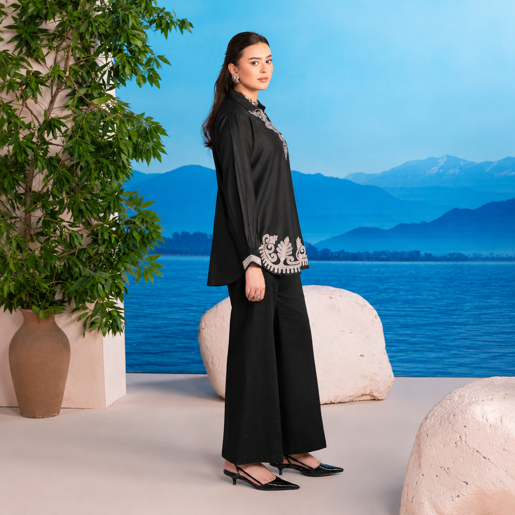 Divinely Crafted 2 piece Embroidered Stitched Suit - Classic Black