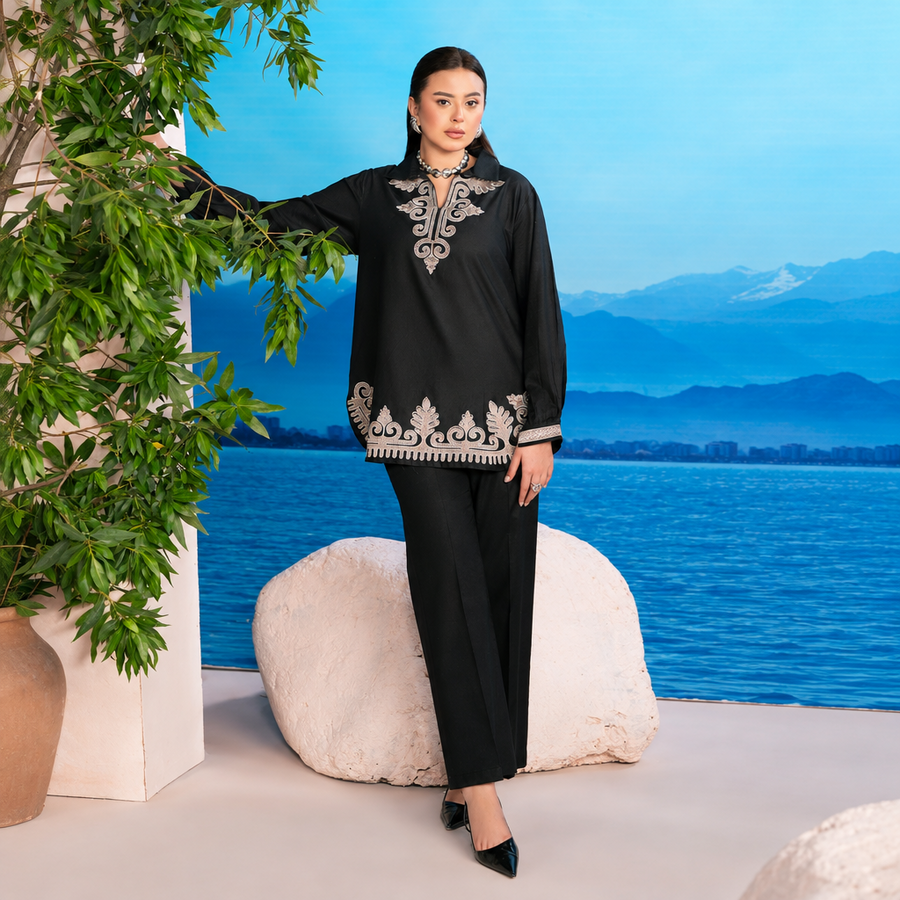 Divinely Crafted 2 piece Embroidered Stitched Suit - Classic Black
