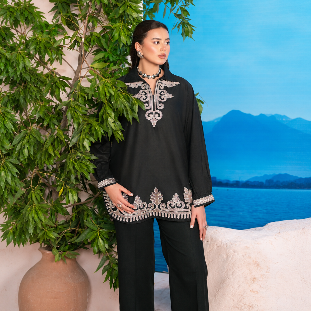 Divinely Crafted 2 piece Embroidered Stitched Suit - Classic Black