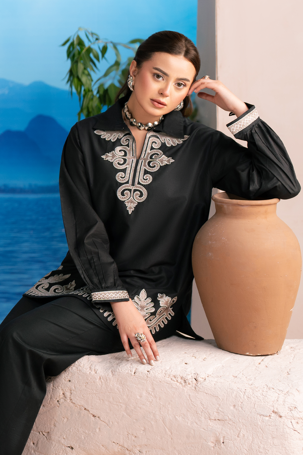 Divinely Crafted 2 piece Embroidered Stitched Suit - Classic Black