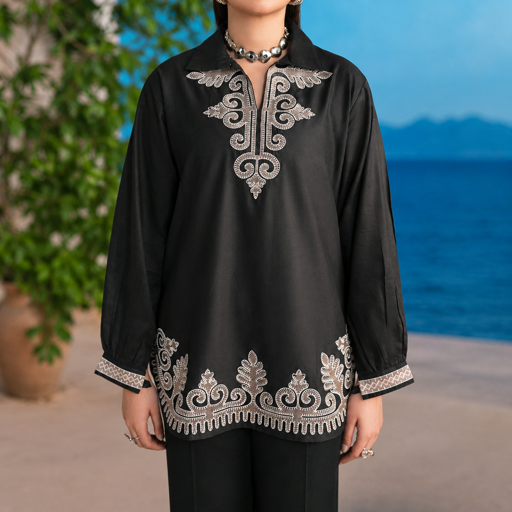 Divinely Crafted 2 piece Embroidered Stitched Suit - Classic Black