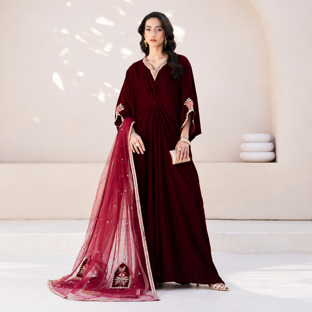 Izel Apparel 3 Piece Stitched Embroidered Suit Merlot