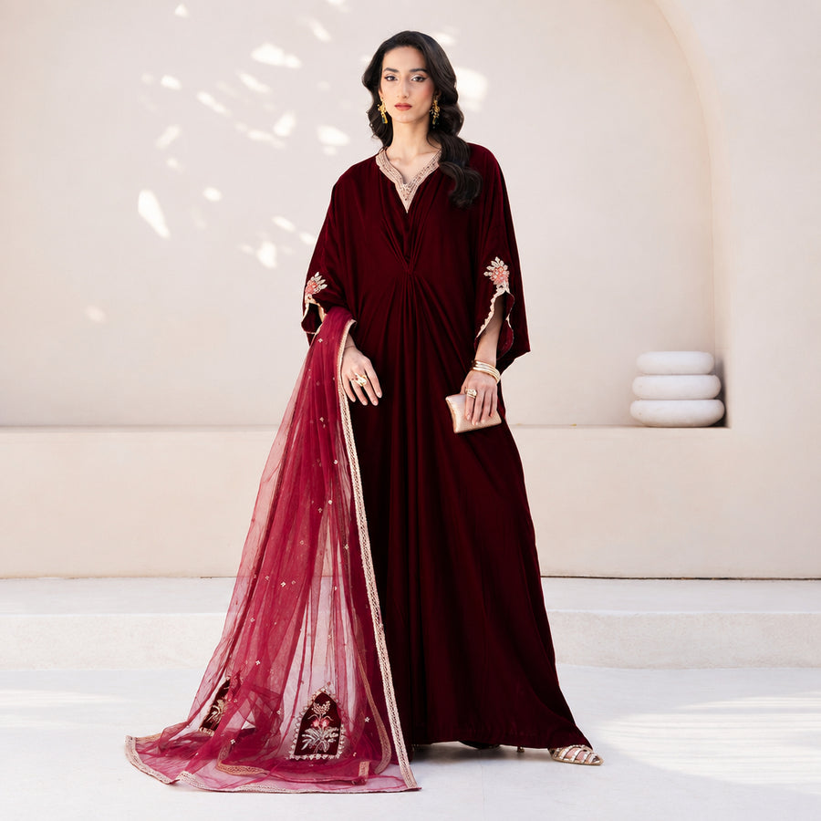 Izel Apparel 3 Piece Stitched Embroidered Suit Merlot