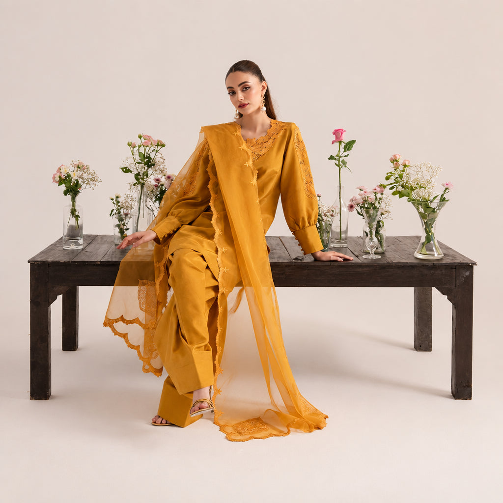 Izel Apparel 3 Piece Unstitched Embroidered Suit Ochree