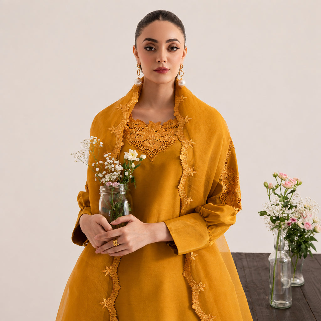 Izel Apparel 3 Piece Unstitched Embroidered Suit Ochree