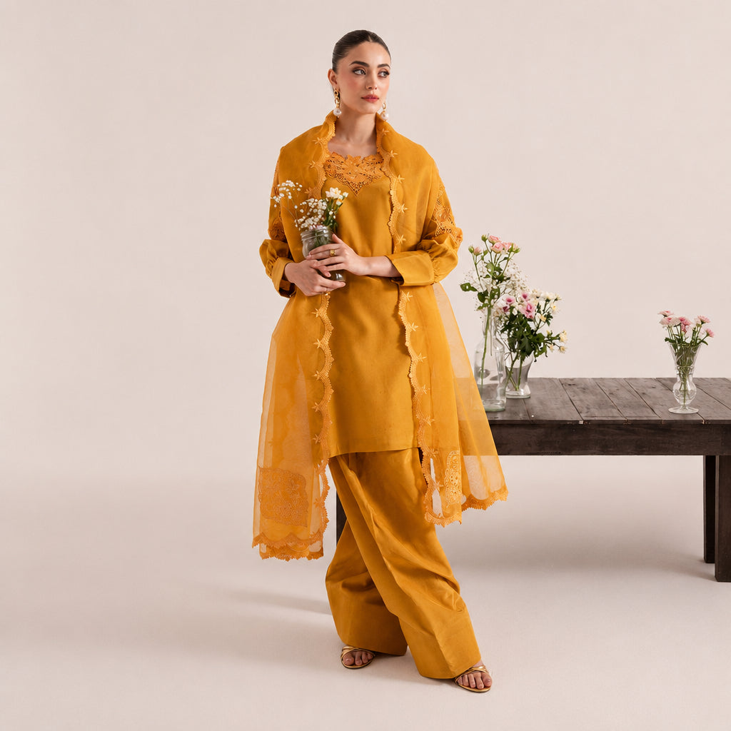 Izel Apparel 3 Piece Unstitched Embroidered Suit Ochree