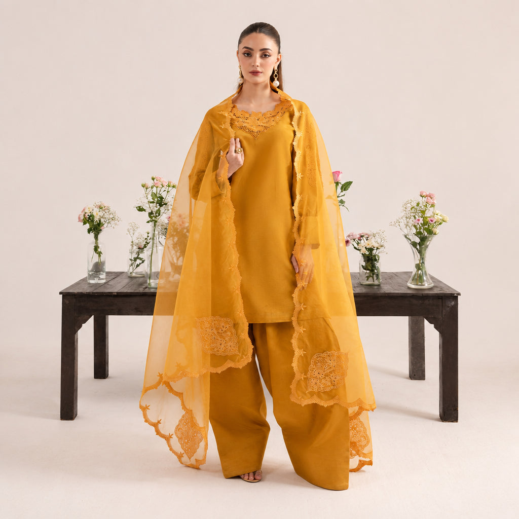 Izel Apparel 3 Piece Unstitched Embroidered Suit Ochree