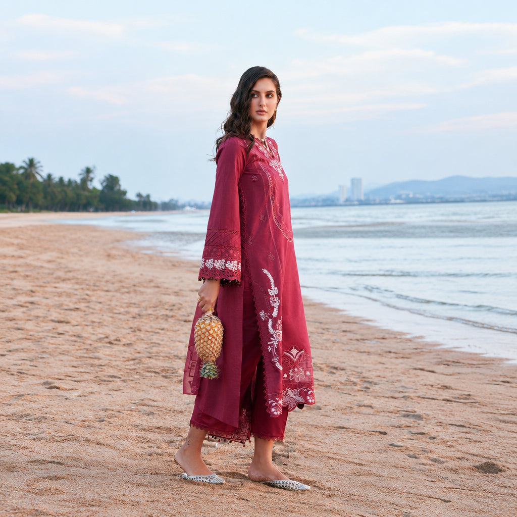 Izel Apparel 3 Piece Unstitched Embroidered Suit Rose