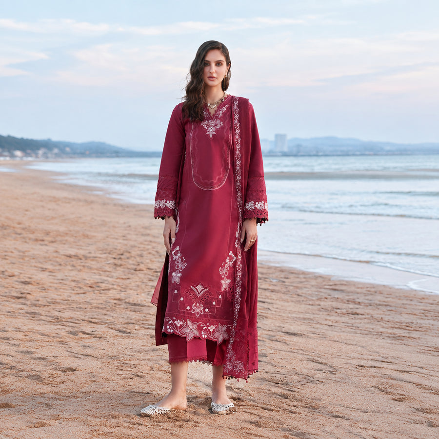 Izel Apparel 3 Piece Unstitched Embroidered Suit Rose