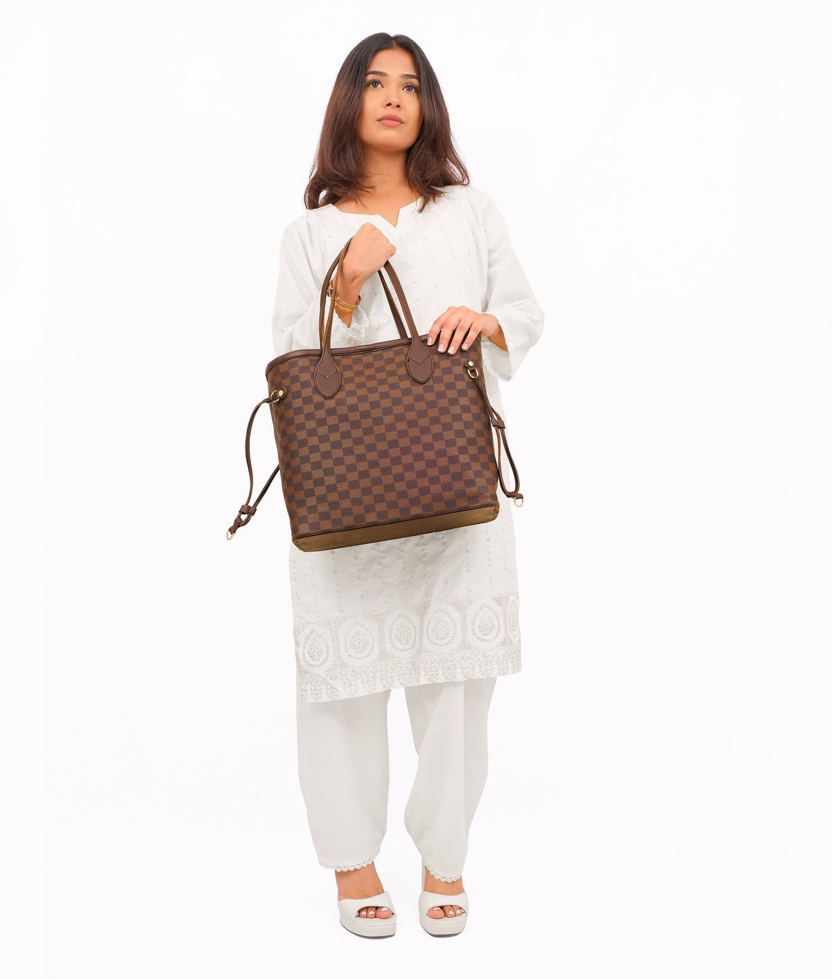 Lyana Checkered Tote Dark Brown