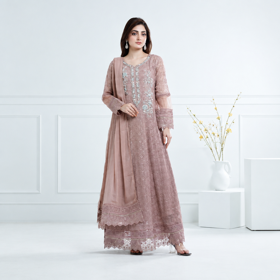 Manahil’s 3-Piece Stitched Luxury Wear Suit – Dusty Rose Elegance