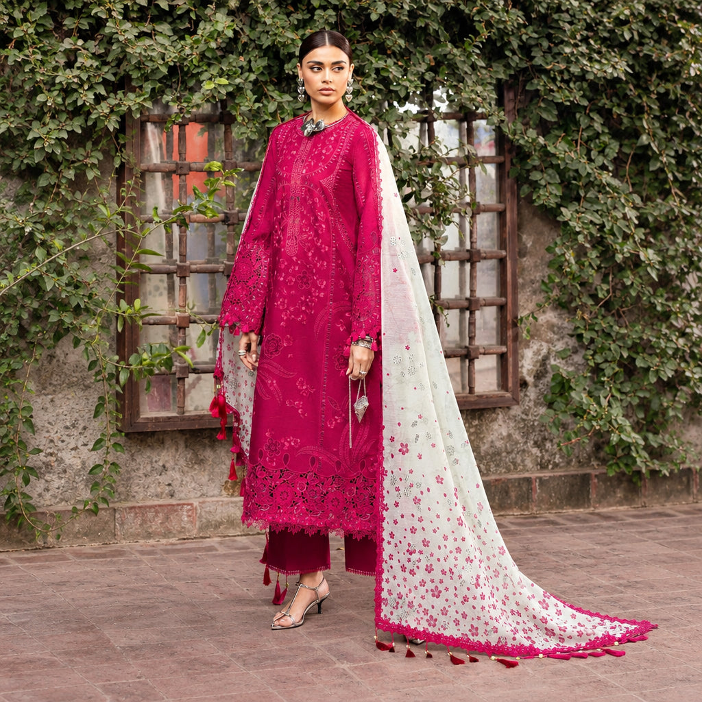 Turbo Light 3 Piece Unstitched Heavy Embroidered Chickan Kari Lawn Suit