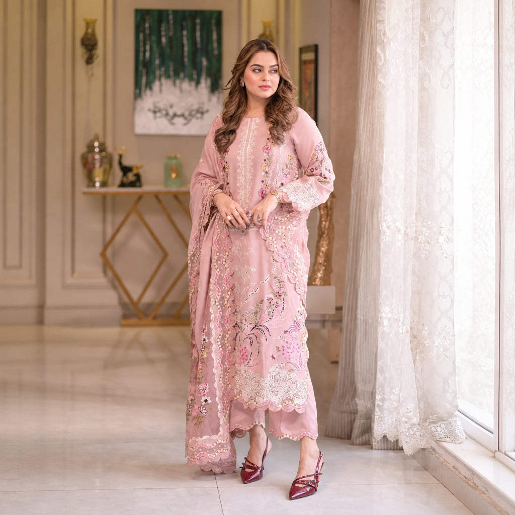 Turbo Light 3 Piece Unstitched Heavy Embroidered Chickan Kari Lawn Suit