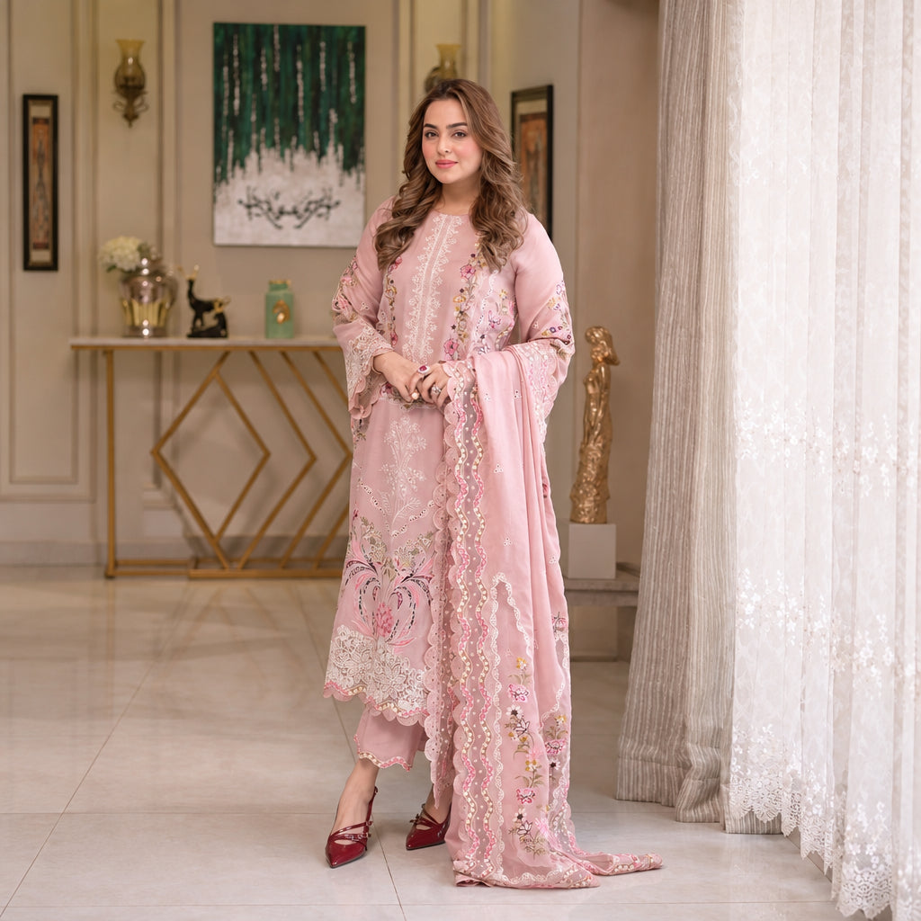 Turbo Light 3 Piece Unstitched Heavy Embroidered Chickan Kari Lawn Suit