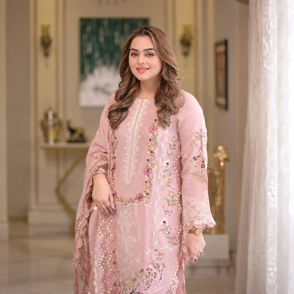 Turbo Light 3 Piece Unstitched Heavy Embroidered Chickan Kari Lawn Suit