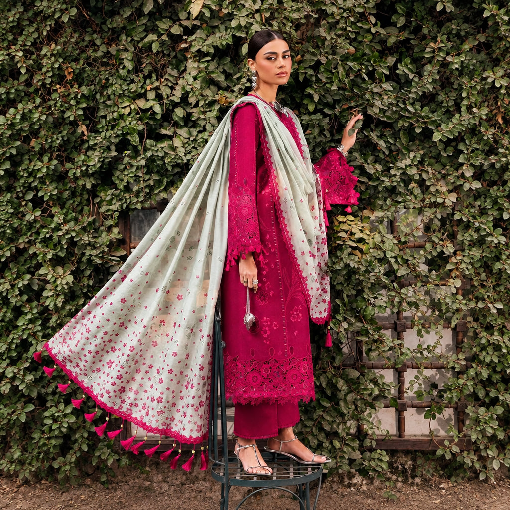 Turbo Light 3 Piece Unstitched Heavy Embroidered Chickan Kari Lawn Suit
