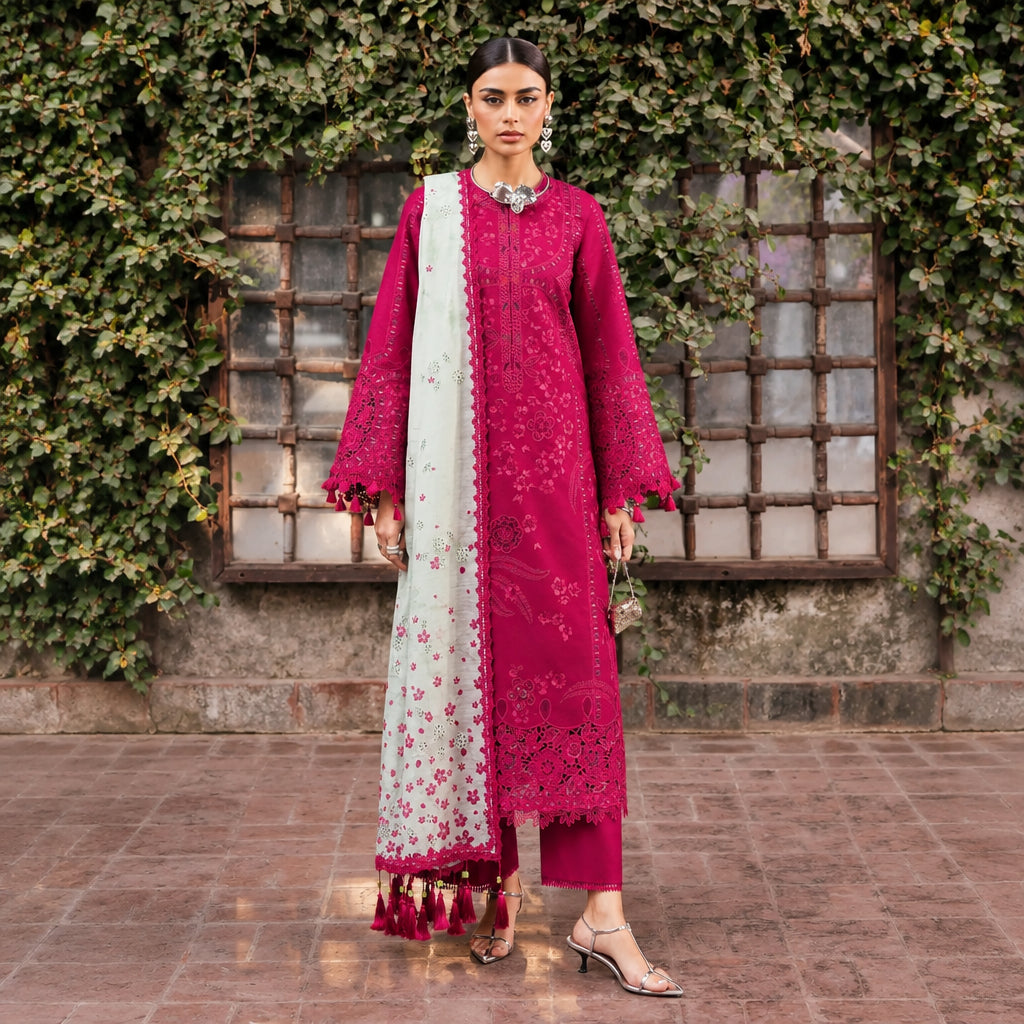Turbo Light 3 Piece Unstitched Heavy Embroidered Chickan Kari Lawn Suit