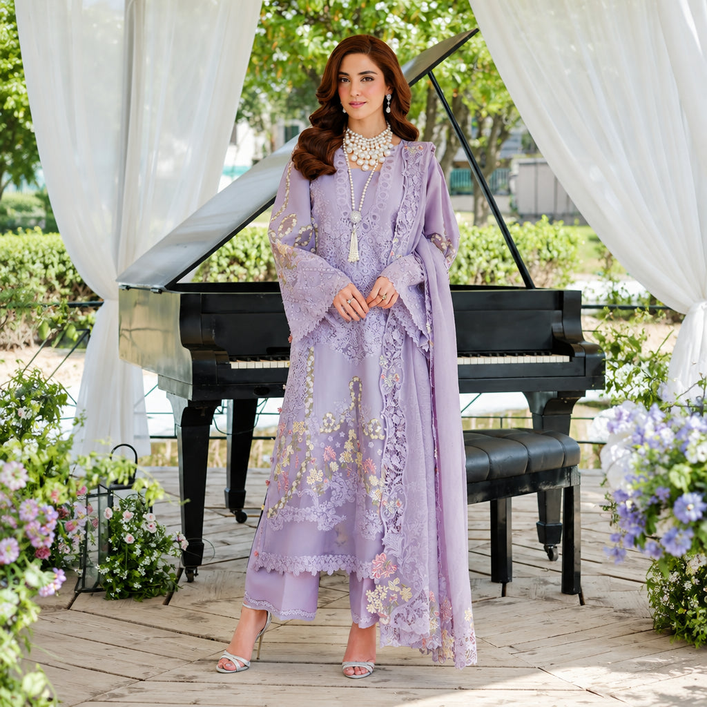 Turbo Light 3 Piece Unstitched Heavy Embroidered Chickan Kari Lawn Suit