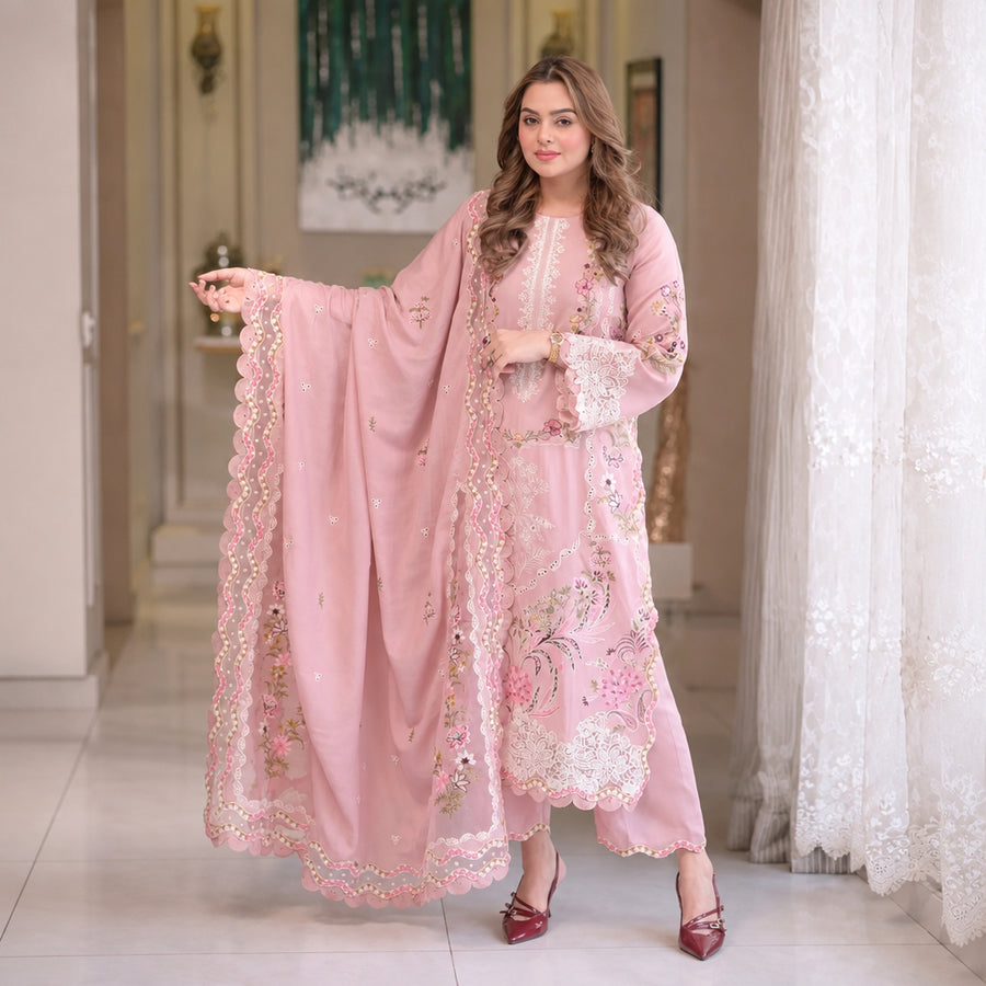 Turbo Light 3 Piece Unstitched Heavy Embroidered Chickan Kari Lawn Suit