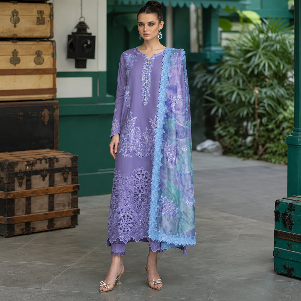 Turbo Light 3 Piece Unstitched Heavy Embroidered Chickan Kari Lawn Suit
