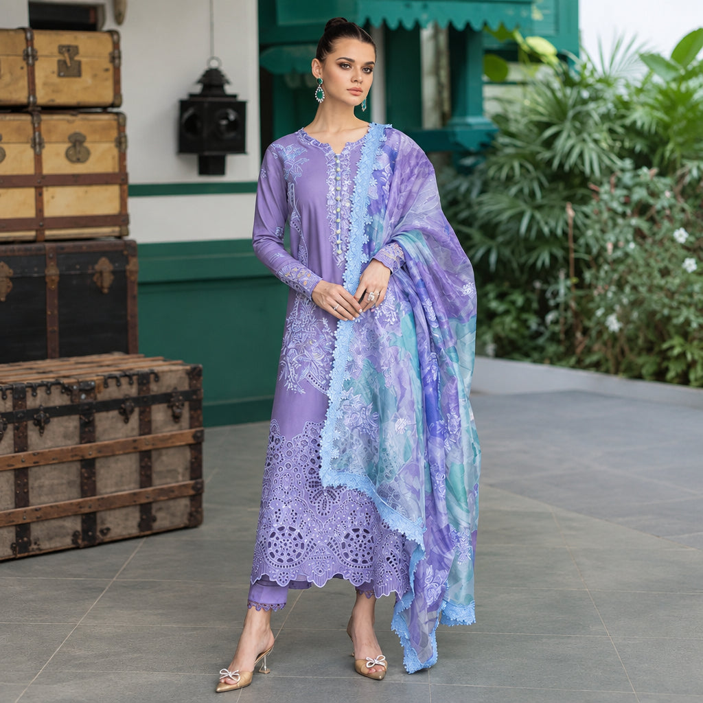 Turbo Light 3 Piece Unstitched Heavy Embroidered Chickan Kari Lawn Suit